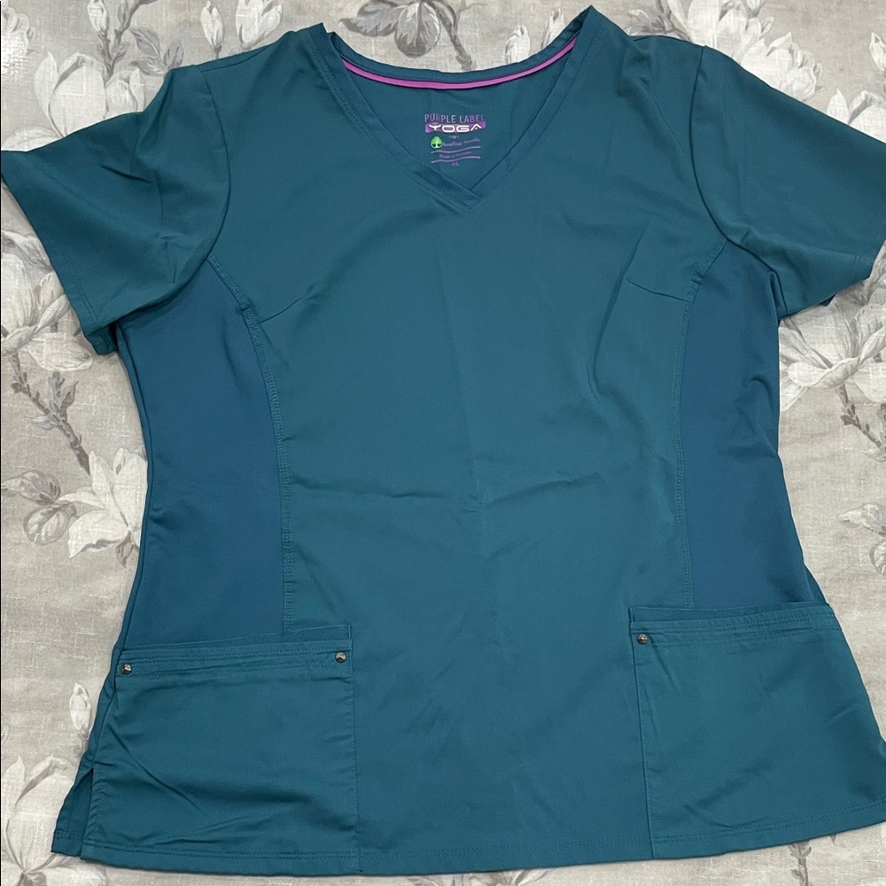 Healing Hands Purple Label Yoga Scrub Top XL Teal Emerald -Stretch V-Neck Juliet